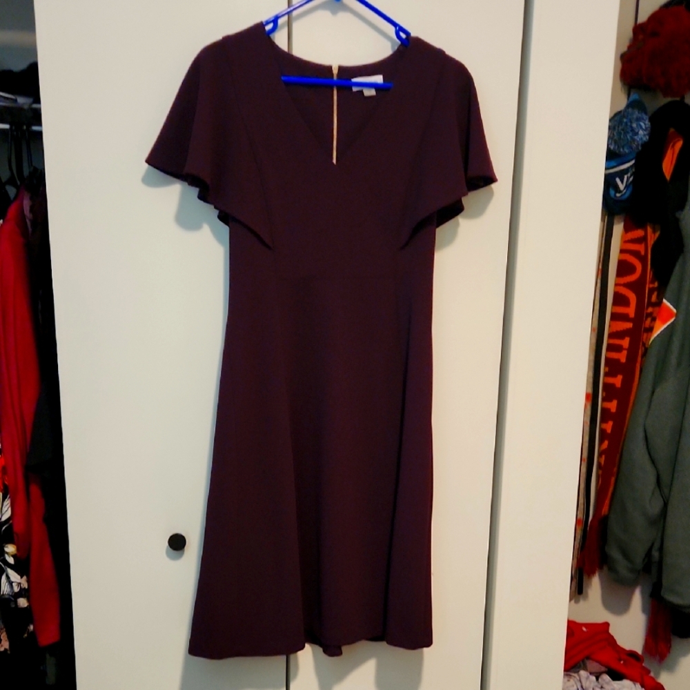 Calvin Klein Red A-Line Midi Dress with Flutter Sleeves